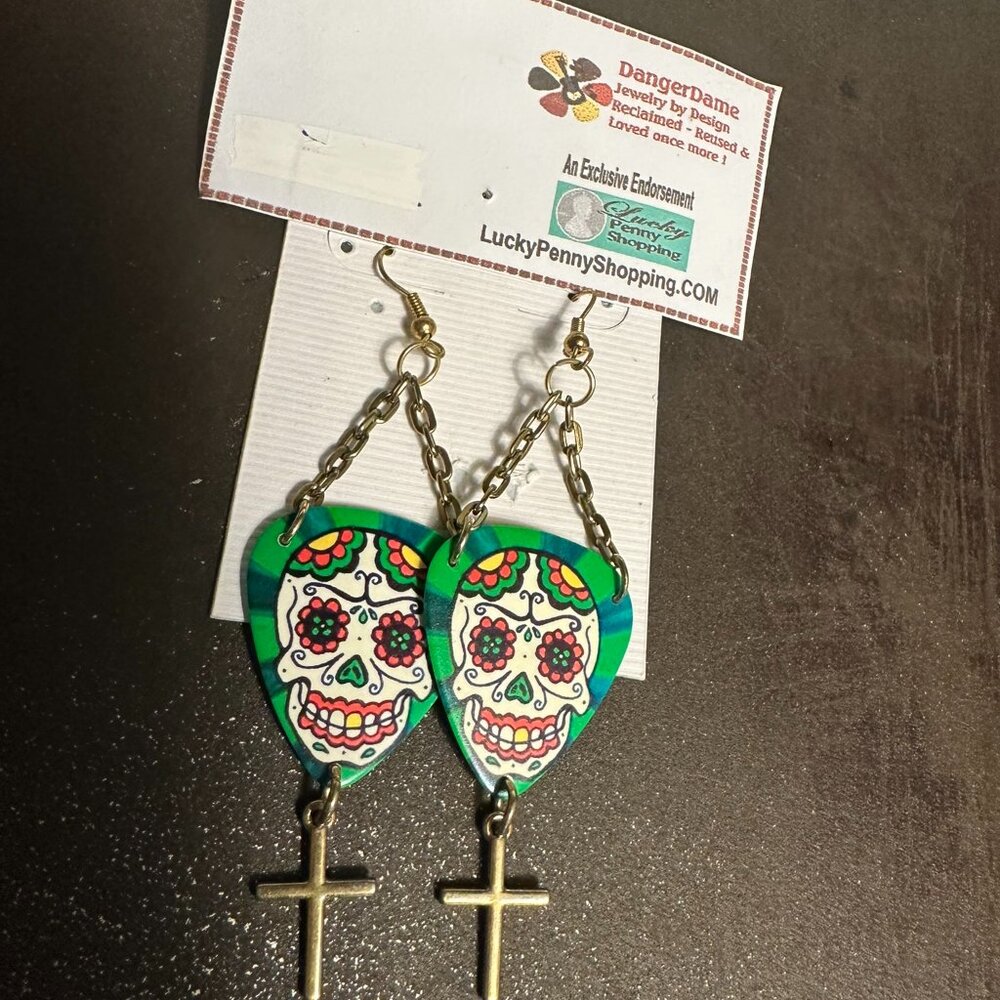 Sugar Skull Earrings Day of the Dead Guitar Pick 9934